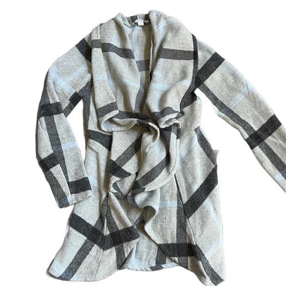 FAVLUX GRAY / BLACK / LIGHT BLUE PLAID WINDOW PANE DRAPE COAT SIZE SMALL - Picture 2 of 8